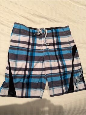 O'Neill Blue White Gray Plaid Men's Swim Board Shorts